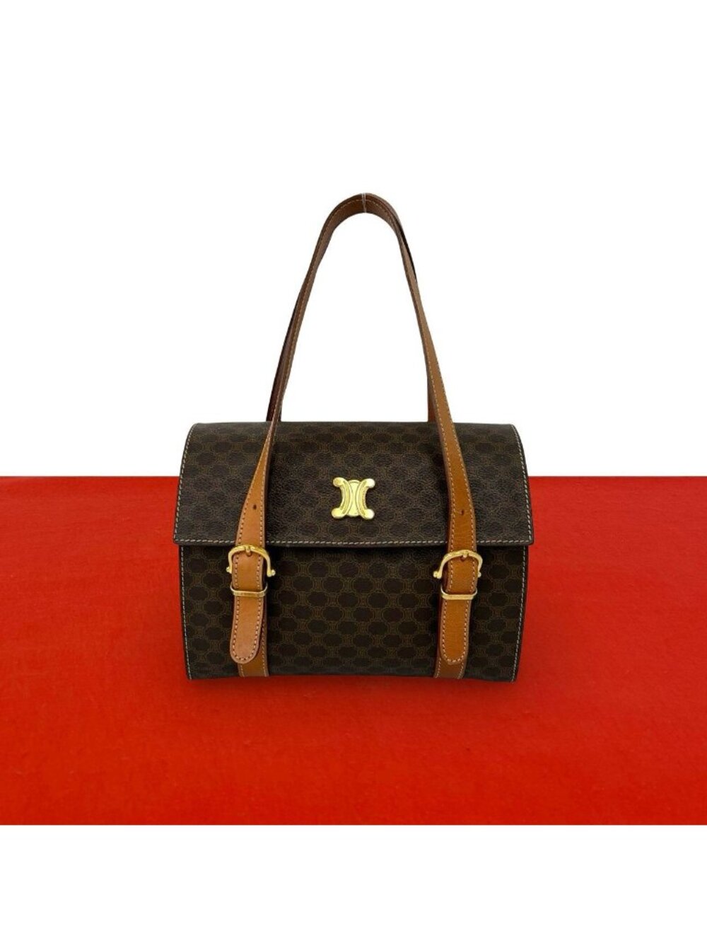 Celine Vintage Macadam Blason Pattern Logo Leather Mini Boston Bag Brown
